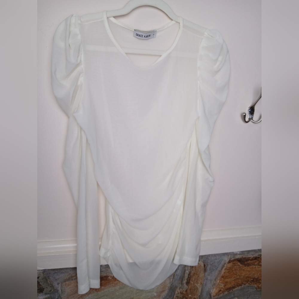 🍂 Grace Karin Ivory Puff Long Sleeve Layer Sheer Top Ruched sides, Small